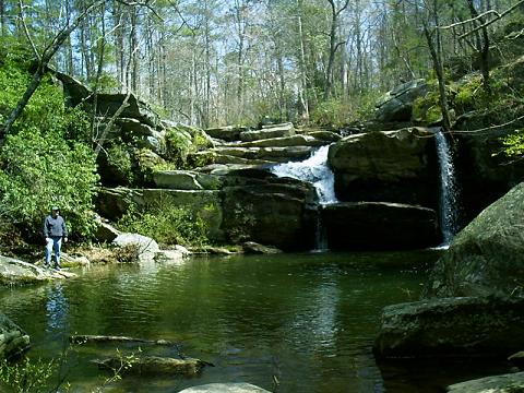 Some scouting photos...
Last steps of Cheaha Falls at (obviously) low water.&nbsp; The total trop from ~50' upstream may be 25'.
They may be runnable, but I'd bet on some unpleasant bedrock contact at any reasonable water level.&nbsp;
(photo courtesy JD)