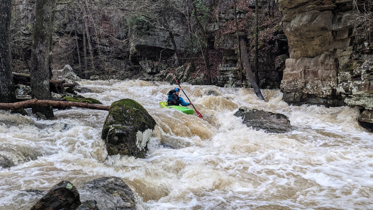 Henry DeWald lining up the boof on the second rapid. (Henry DeWald, March 2022)